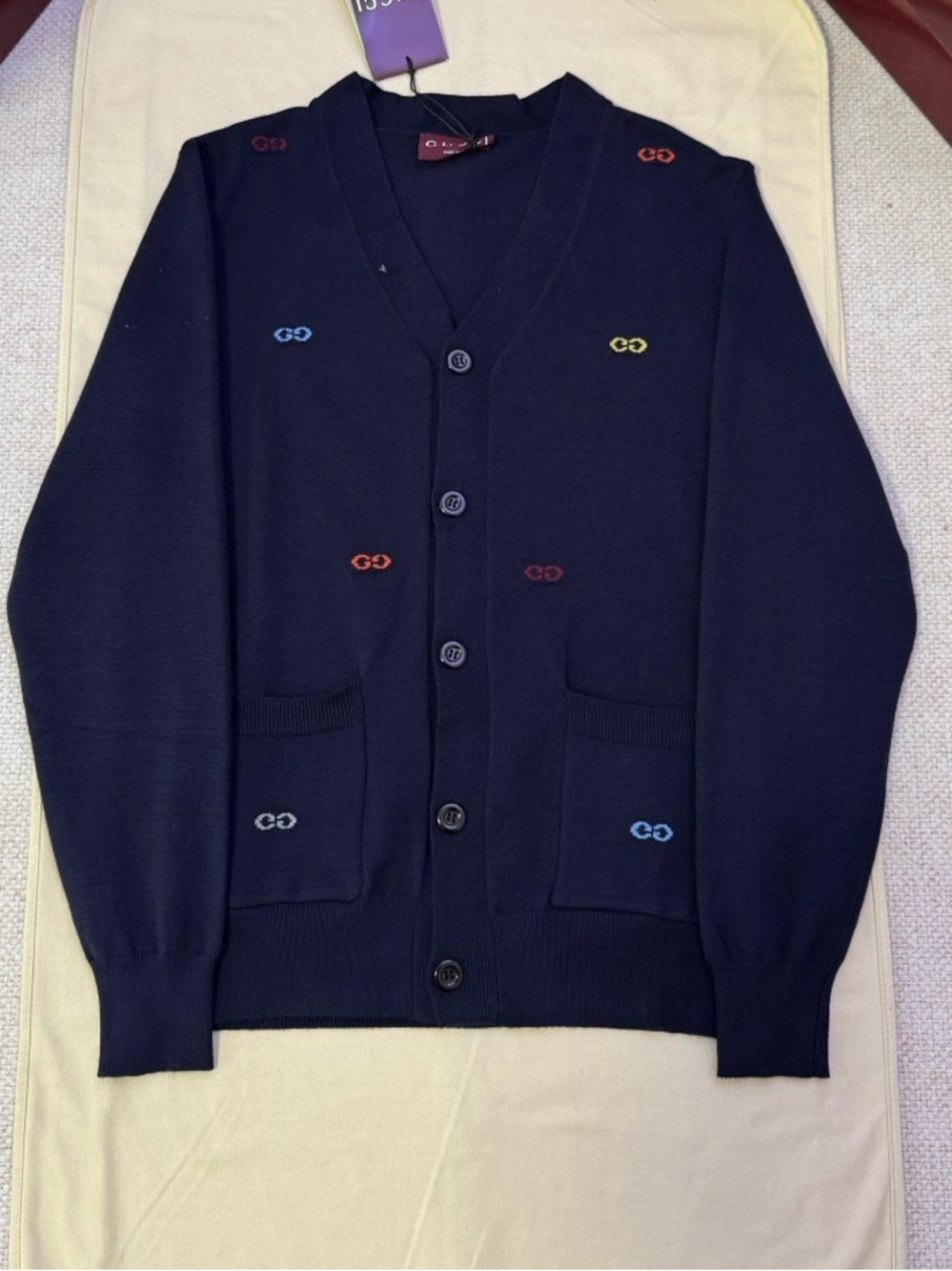Gucci Navy Multi‑Color GG Embroidered V‑Neck Knit Cardigan